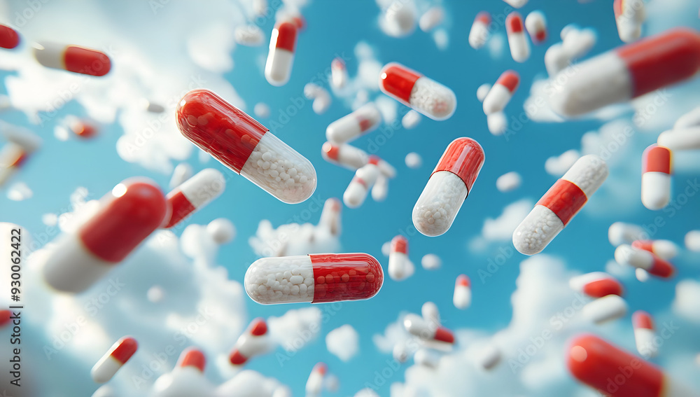 A vibrant depiction of capsules falling through a bright sky, symbolizing health, medication, and pharmaceutical innovation. A vibrant depiction of capsules falling through a bright sky, symbolizing health, medication, and pharmaceutical innovation.