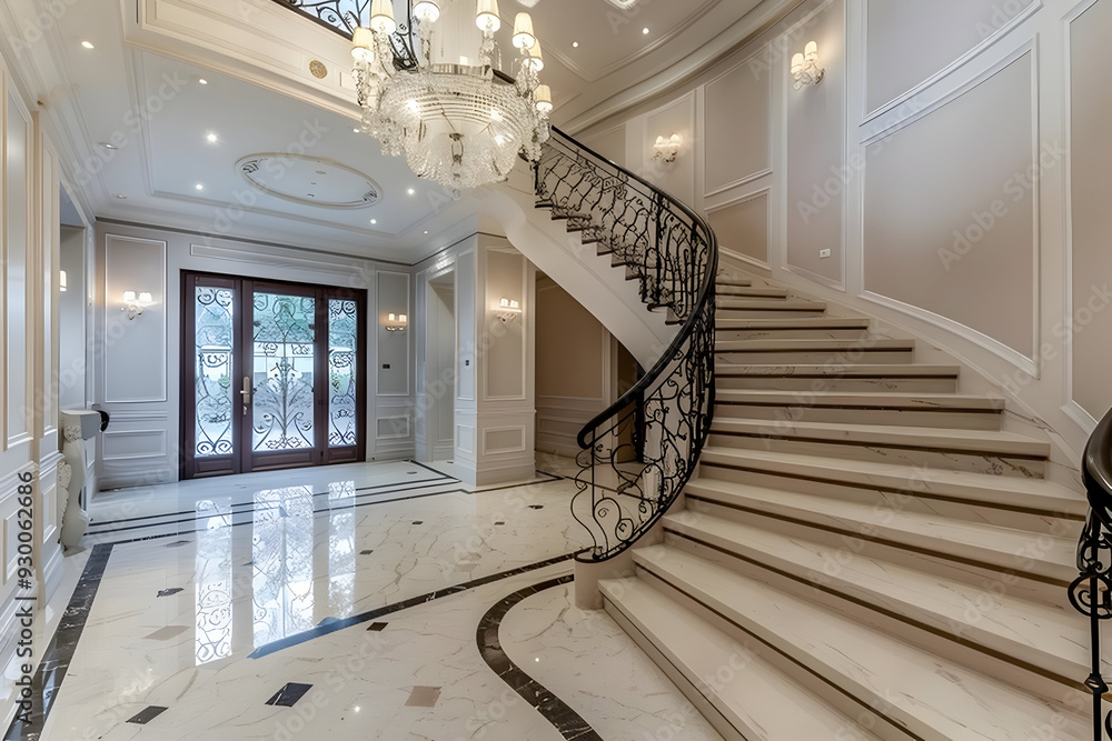 Elegant White Marble Staircase with Ornate Iron Railing in Luxury Home Interior Elegant White Marble Staircase with Ornate Iron Railing in Luxury Home Interior