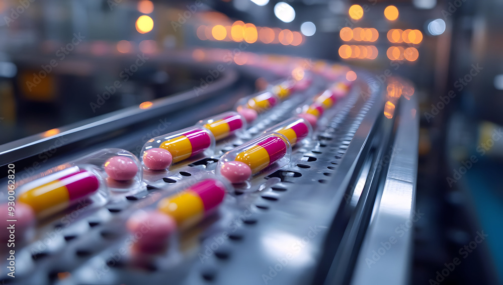 Close-up of colorful capsules on a pharmaceutical production line, showcasing modern manufacturing technology and quality control. Close-up of colorful capsules on a pharmaceutical production line, showcasing modern manufacturing technology and quality control.