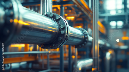 Close-up of shiny industrial pipes showcasing modern engineering and design in a factory setting with vivid lighting.