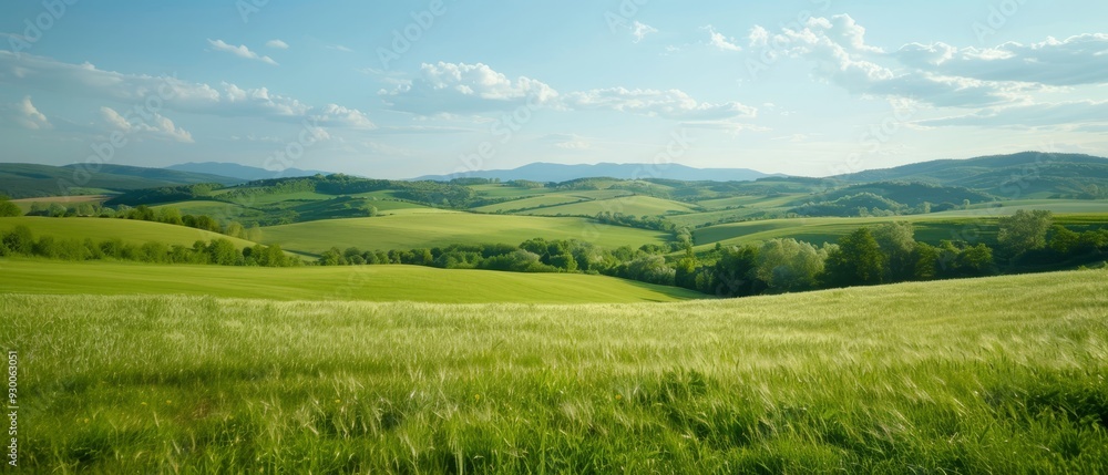 Obraz premium A green field with hills distantly lined, blue sky dotted with white clouds above, grassy foreground in soft focus