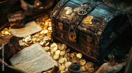 A pirat treasure chest surrounded by gold doubloons and old parchment. photo