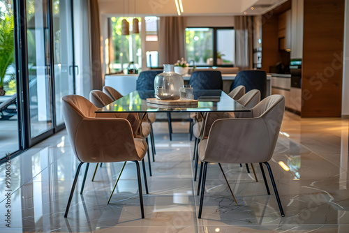 Modern Dining Room Interior Design with Glass Table and Beige Chairs - Photo