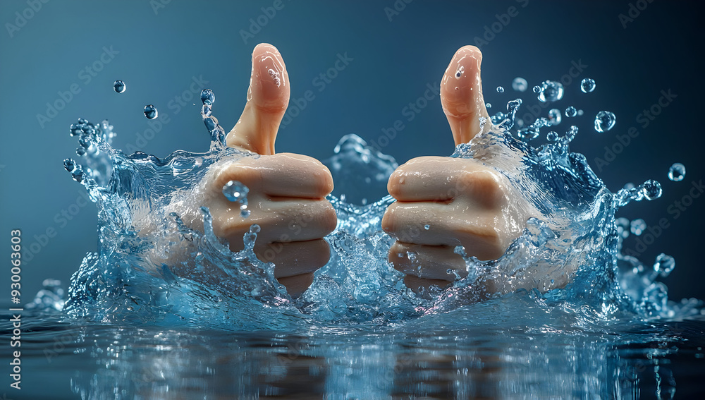 Two thumbs up emerge from splashing water, symbolizing positivity and success with a dynamic and refreshing backdrop. Two thumbs up emerge from splashing water, symbolizing positivity and success with a dynamic and refreshing backdrop.