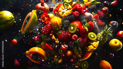 Fototapeta Naklejka Na Ścianę i Meble -  Colorful fruit salad with a variety of exotic fruits and berries, including apples, oranges, kiwi, pineapple, papaya, raspberries, mangoes and strawberries. A fruit explosion on a black background