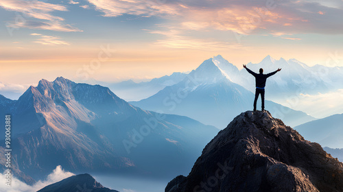 Conquering the Summit: A lone figure stands triumphantly atop a majestic mountain peak, arms outstretched, embracing the breathtaking panorama of snow-capped peaks and misty valleys.  The golden hour 