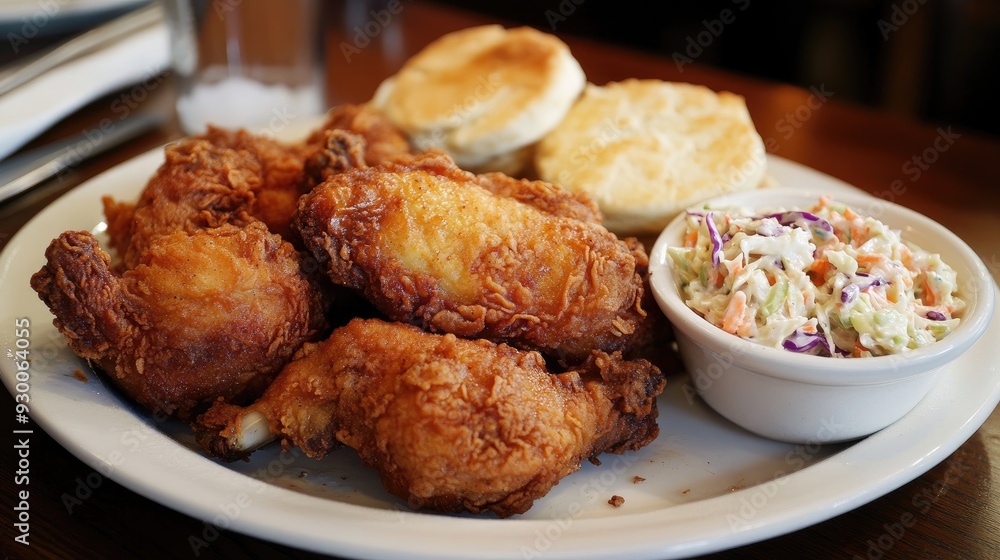 A platter of southern-style fried chicken, accompanied by coleslaw and biscuits. A platter of southern-style fried chicken, accompanied by coleslaw and biscuits.