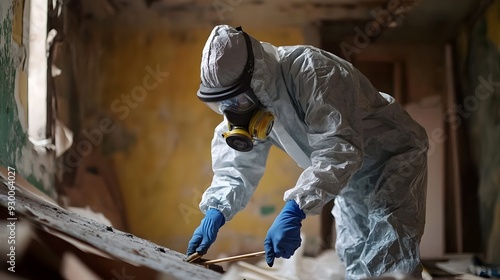 Asbestos Removal Specialist Carefully Handling Hazardous Materials in Protective Gear During Building Renovation