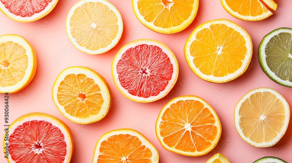 Vibrant Slices of Exotic Citrus Fruits on Colorful Background from Top View Vibrant Slices of Exotic Citrus Fruits on Colorful Background from Top View