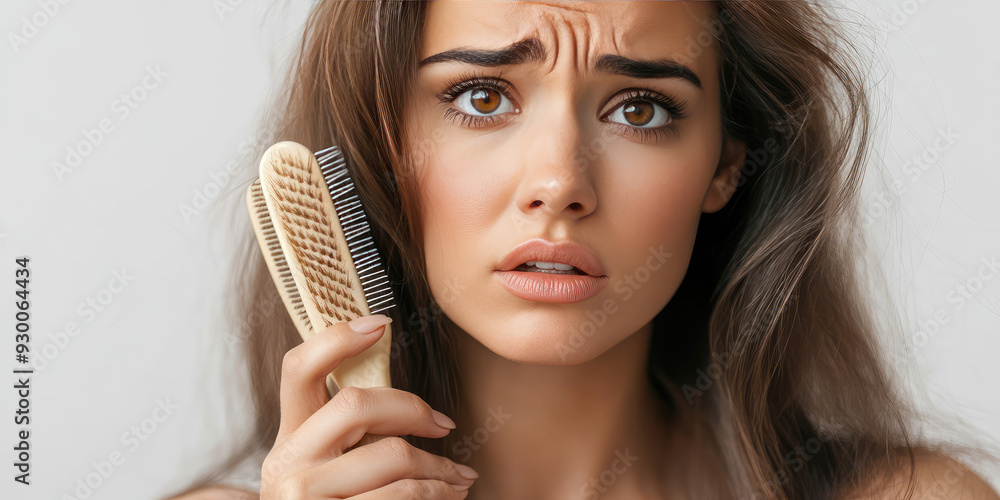 Problem hair, stressed woman holding comb hairbrush with hair loss. Brush after brushing Problem hair, stressed woman holding comb hairbrush with hair loss. Brush after brushing