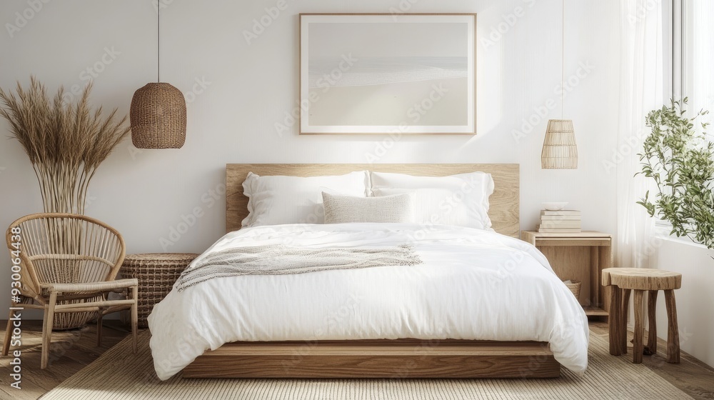 Fototapeta premium A Scandinavian-inspired bedroom with a white bed, light wood furniture, and minimalist