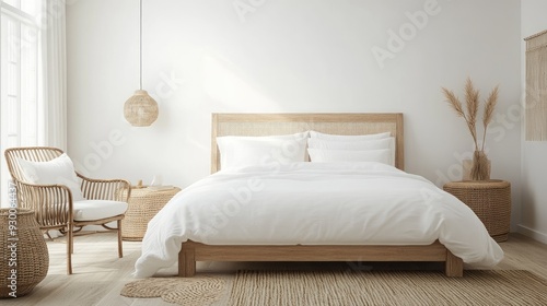 A Scandinavian-inspired bedroom with a white bed, light wood furniture, and minimalist