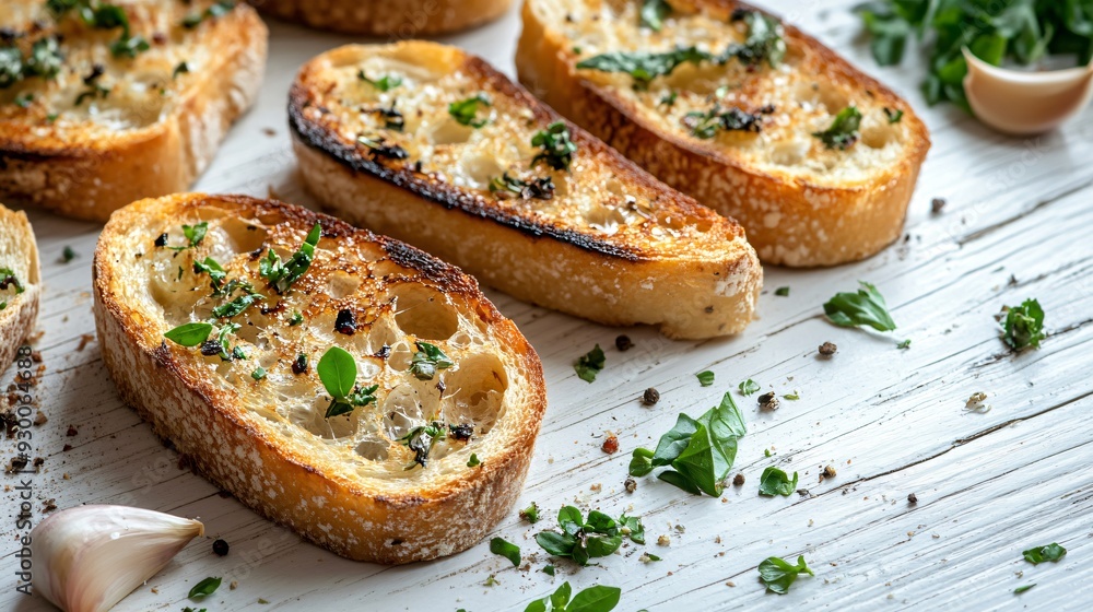 Delicious Slices of Toasted Bread with Garlic and Herbs on White Background Delicious Slices of Toasted Bread with Garlic and Herbs on White Background