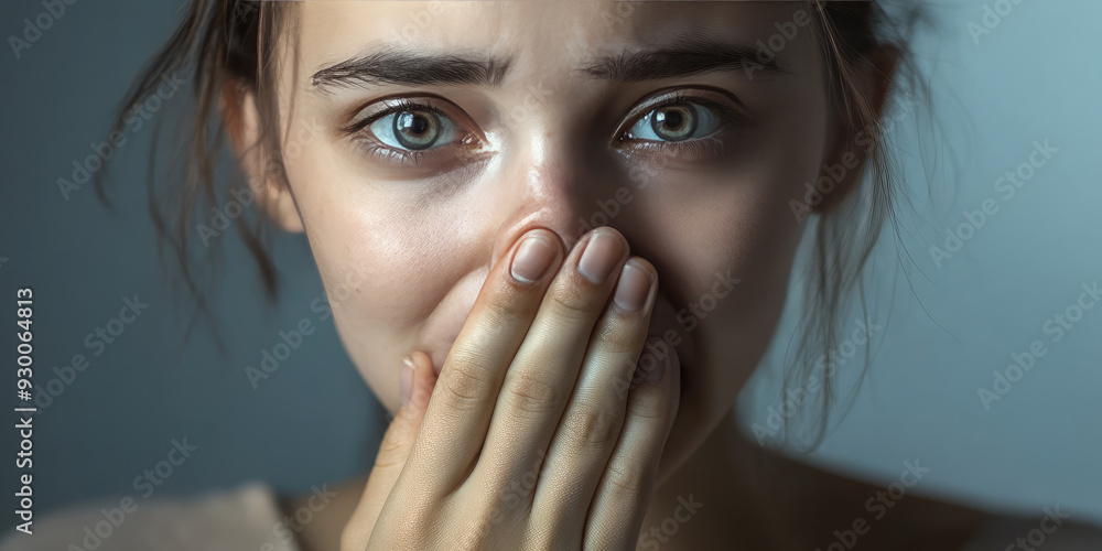 Sad young woman covering her mouth with her hand on simple color background with copy space. Bad breath, stomach problem Sad young woman covering her mouth with her hand on simple color background with copy space. Bad breath, stomach problem