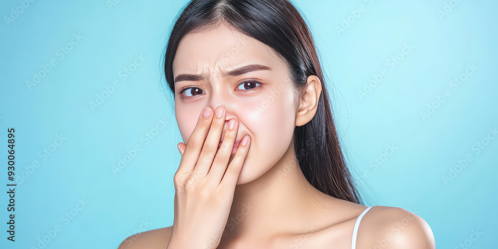 Sad young woman covering her mouth with her hand on simple color background with copy space. Bad breath, stomach problem Sad young woman covering her mouth with her hand on simple color background with copy space. Bad breath, stomach problem