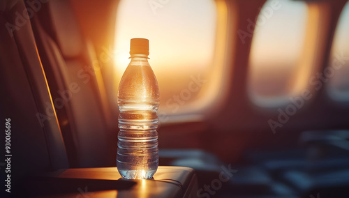 A clear water bottle placed on an airplane seat during a beautiful sunset, capturing travel and hydration in a serene setting. photo