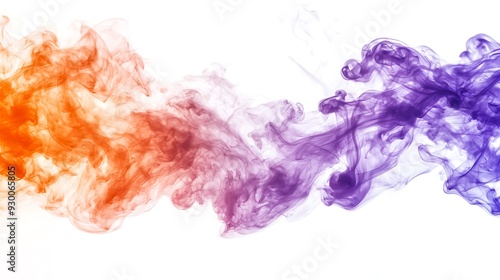 Dynamic interaction of orange and purple smoke, billowing clouds originating from a single source, orange smoke on the left, purple smoke on the right, blending in the middle, dense silky texture,