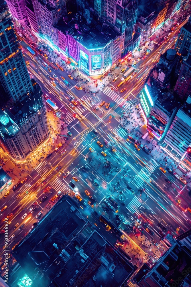 Obraz premium busy urban intersection at night with vibrant lights