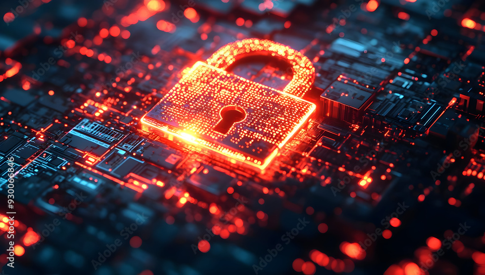 A glowing digital lock symbolizes cybersecurity and data protection on a circuit board, representing modern technology. A glowing digital lock symbolizes cybersecurity and data protection on a circuit board, representing modern technology.
