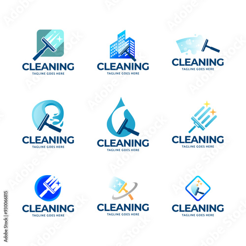 Set of Window cleaning service logo. Window glass cleaning vector logo