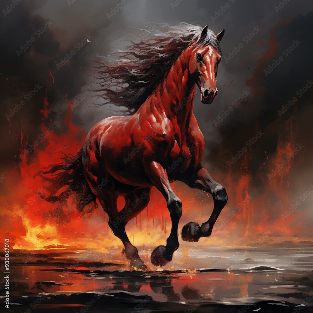 Elegant red horse featured standing in captivating painting images