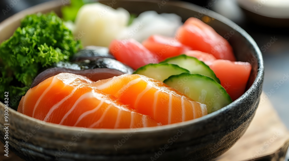A vibrant bowl of sushi, featuring fresh salmon, assorted vegetables, and colorful seafood for a delightful culinary experience. A vibrant bowl of sushi, featuring fresh salmon, assorted vegetables, and colorful seafood for a delightful culinary experience.