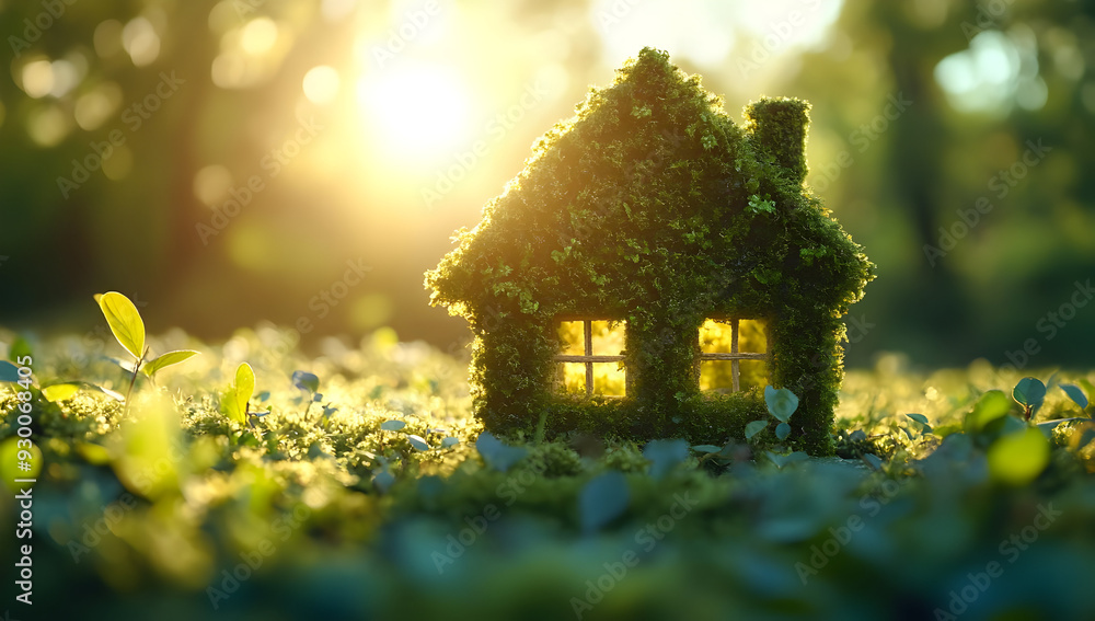A whimsical house made of lush greenery, illuminated by soft sunlight, symbolizing nature and sustainability. A whimsical house made of lush greenery, illuminated by soft sunlight, symbolizing nature and sustainability.