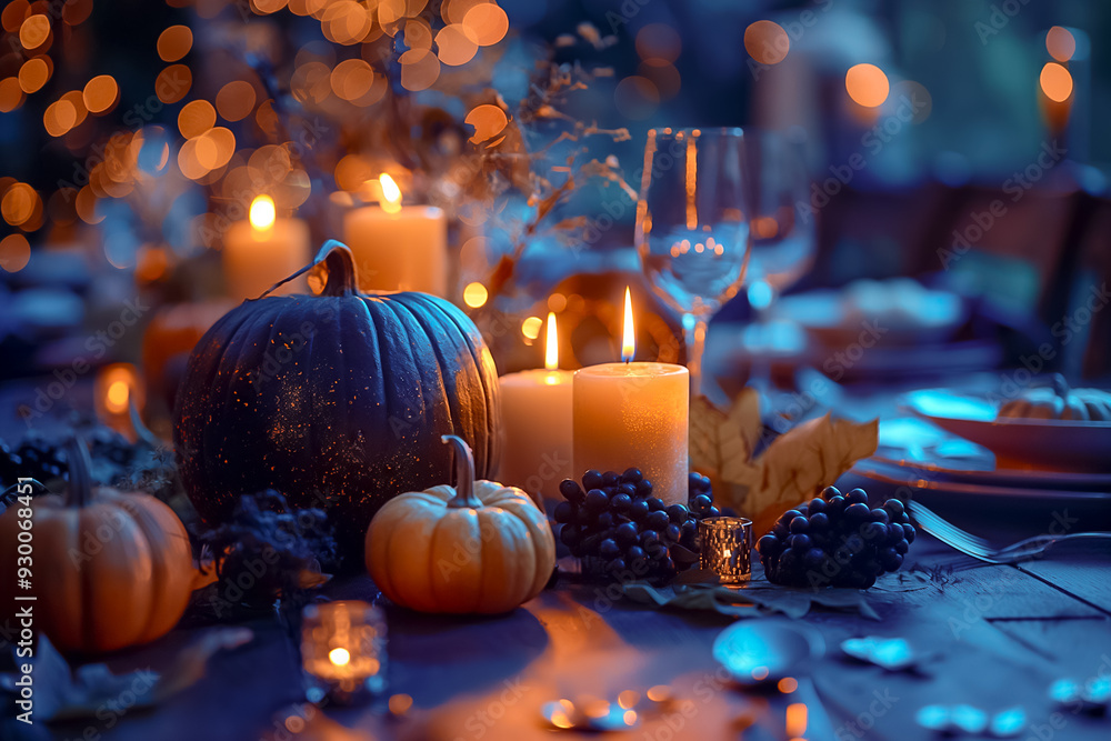A beautifully set dinner table features pumpkins, candles, and grapes, creating a warm ambiance for an autumn gathering with friends A beautifully set dinner table features pumpkins, candles, and grapes, creating a warm ambiance for an autumn gathering with friends