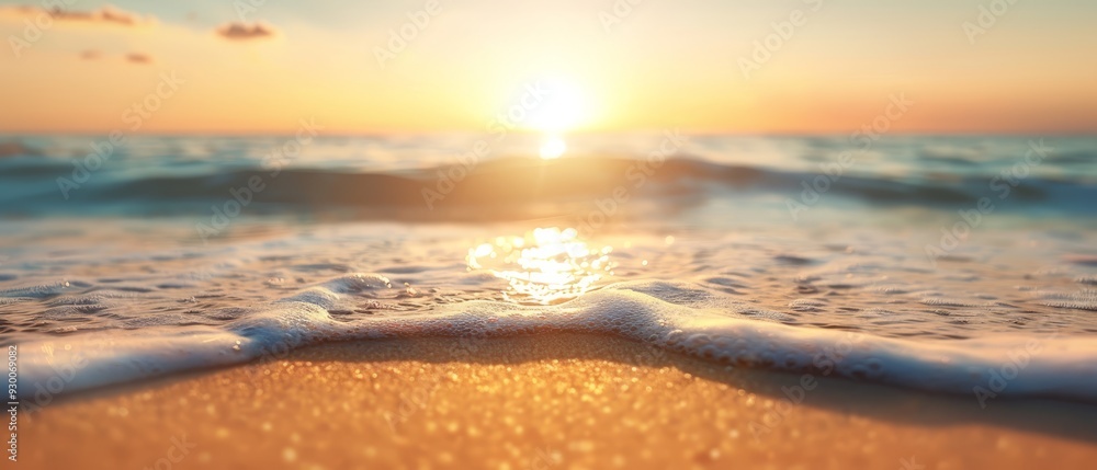 A tight shot of a waves' crest on a sandy shore against a backdrop of a sinking sun, with the expansive ocean in the foreground A tight shot of a waves' crest on a sandy shore against a backdrop of a sinking sun, with the expansive ocean in the foreground