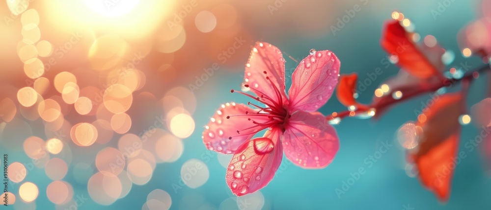 A pink flower on a branch, with dewdrops glistening, and the sun casting rays behind A pink flower on a branch, with dewdrops glistening, and the sun casting rays behind
