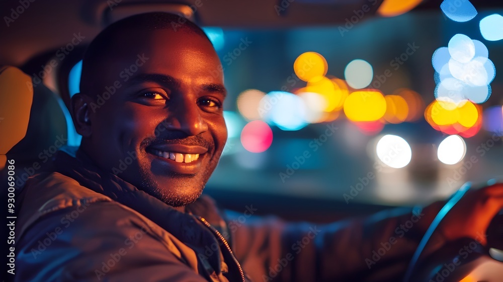 Friendly Driver Smiling with Soft Dashboard Lighting Friendly Driver Smiling with Soft Dashboard Lighting