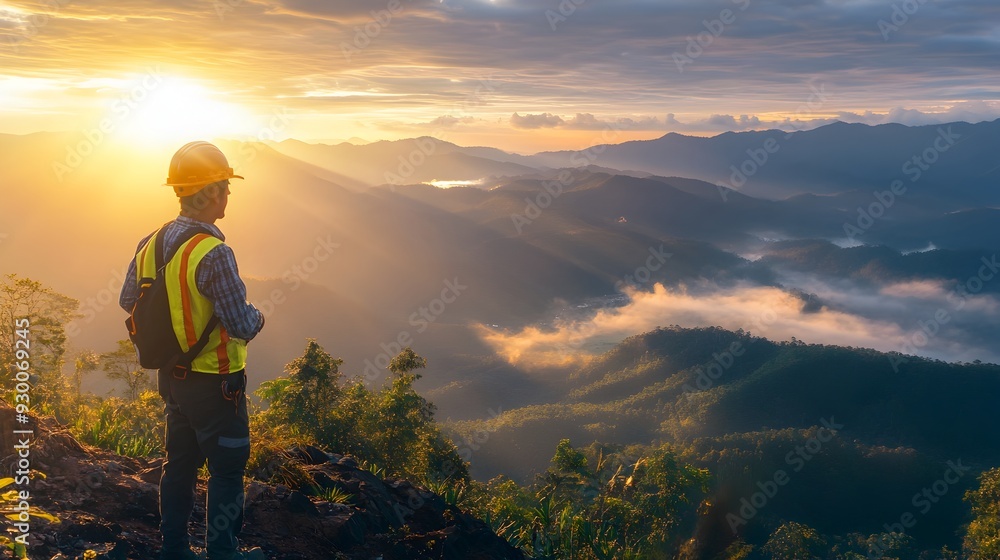 Fototapeta premium Geotechnical Engineer Exploring Mountainous Terrain at Sunrise with Atmospheric Light
