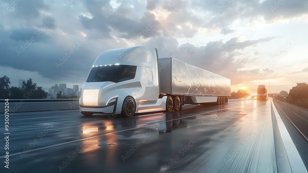 White semi-truck driving on a highway at sunset. White semi-truck driving on a highway at sunset.