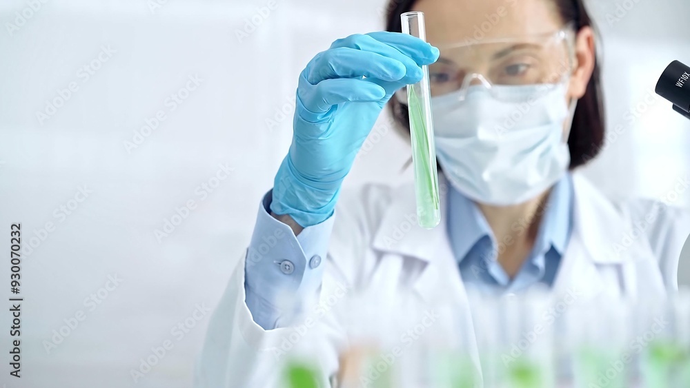 Woman scientist with protective gloves and glasses examining lab tube with a green fluid. Microbiology and science concept Woman scientist with protective gloves and glasses examining lab tube with a green fluid. Microbiology and science concept