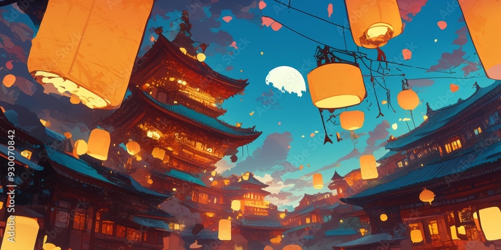 Naklejka premium Illuminated Chinese Buddhist Temple Celebrating Mid-Autumn Festival: Enchanting Night Scene with Traditional Lanterns. AI-Generated Digital Art in Anime Style for Marketing, UI Design, and Seasonal Gr