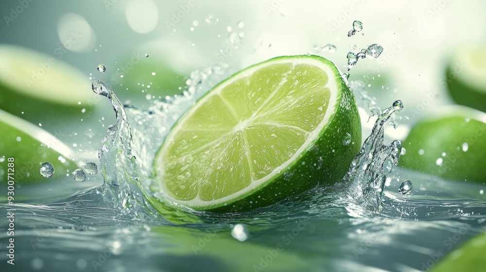 Fresh lime slices make a splash in clear water, capturing the essence of zest and vitality in a vibrant, refreshing moment.