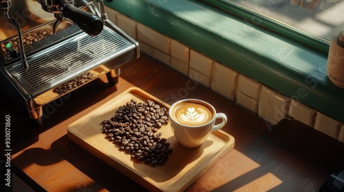 Sunlit Coffee Scene with Espresso Machine, Latte Art, and Coffee Beans on Wooden Tray photo