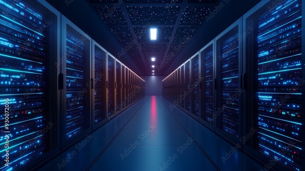Fototapeta premium A futuristic server room with glowing blue lights, showcasing rows of modern servers in a technology-focused environment.