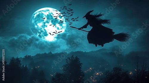 A silhouette of a witch flying on a broomstick under a full moon, with bats soaring through the dark, stormy sky.