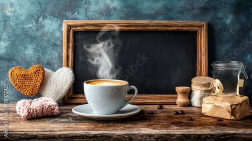 Steaming Coffee Cup on Rustic Wooden Table with Knitted Hearts and Chalkboard Background photo