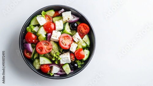 Delicious Greek Salad on White Background - Top View