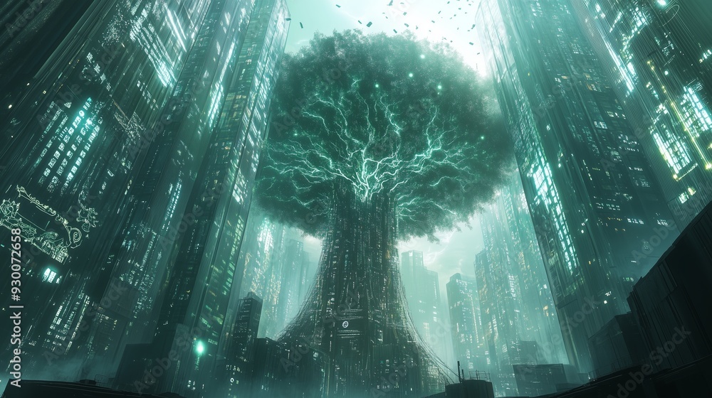 Obraz premium In a futuristic city, glass skyscrapers and a radiant energy tree symbolize tech-spiritual harmony.