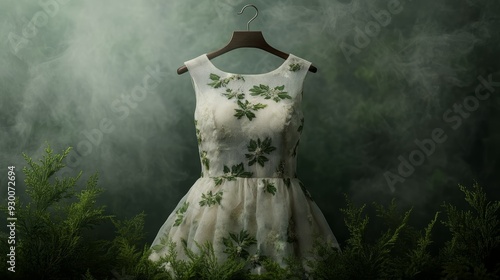 Elegant dress adorned with floral patterns, set against a mystical foggy background, perfect for fashion and nature-themed projects.