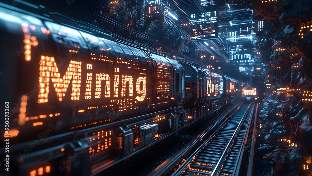 A futuristic mining scene illuminated by digital displays, featuring a mining train traveling through a high-tech corridor. A futuristic mining scene illuminated by digital displays, featuring a mining train traveling through a high-tech corridor.