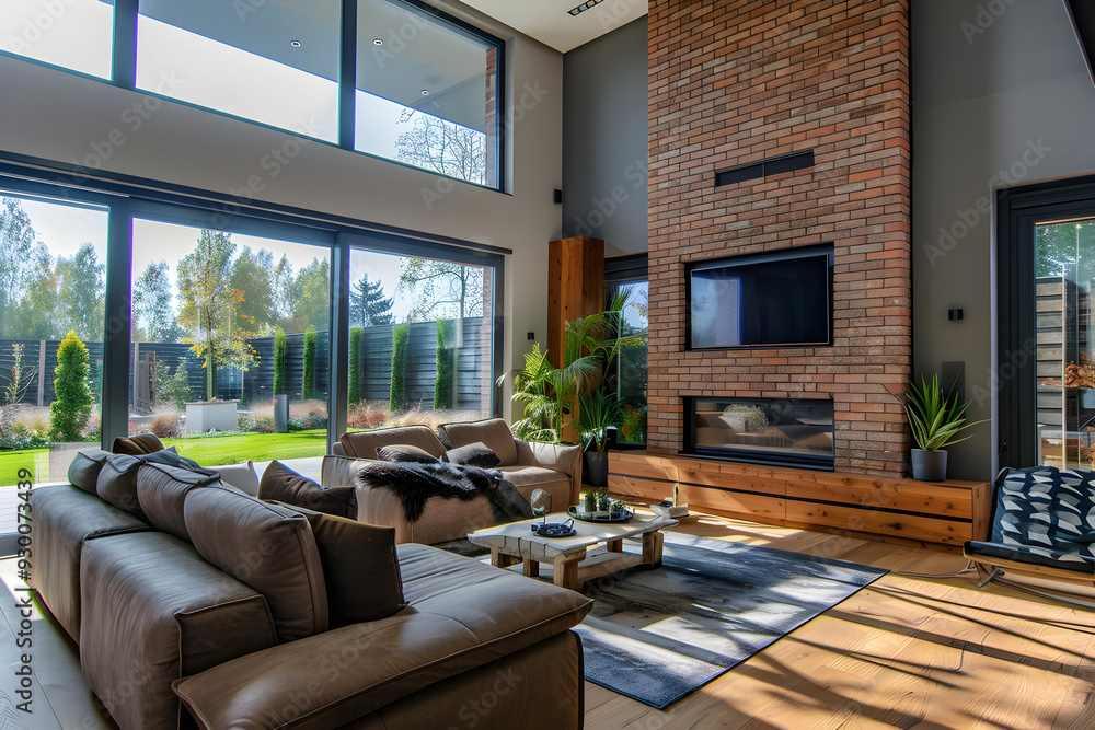 Modern Living Room with Brick Fireplace and Large Windows - Interior Design Photo Modern Living Room with Brick Fireplace and Large Windows - Interior Design Photo