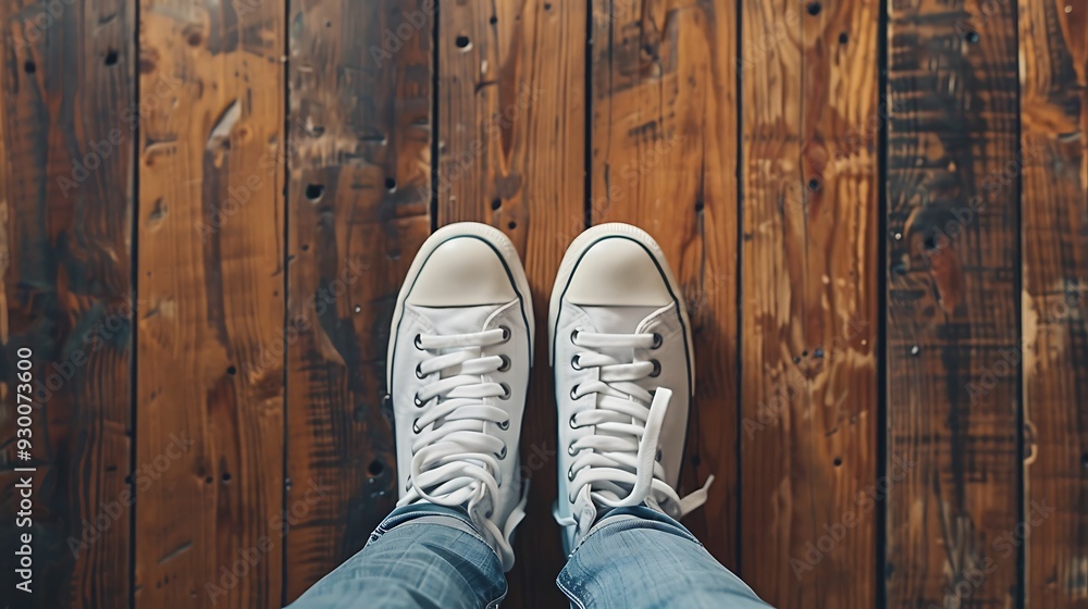 White sneakers on wooden floor. White sneakers on wooden floor.