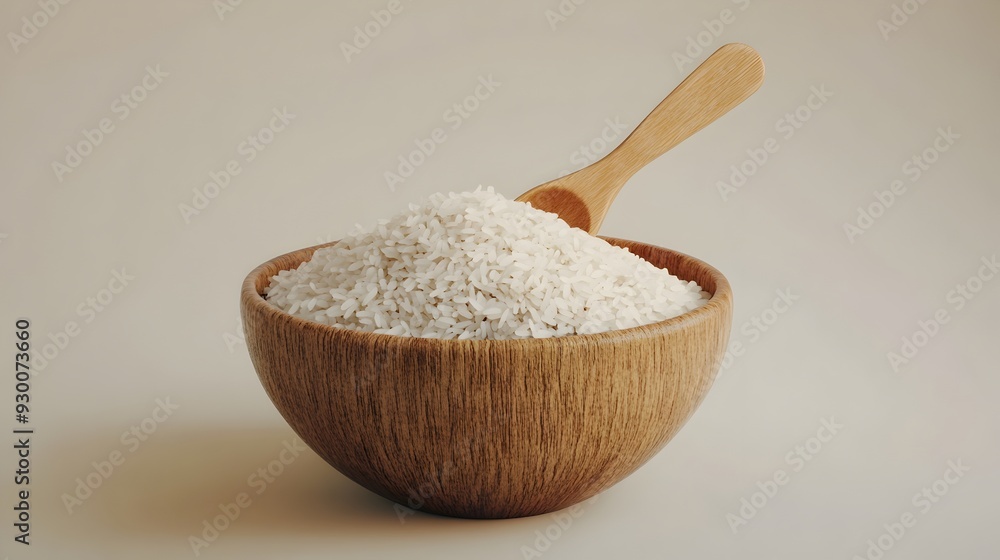 Organic Rice Bowl with Wooden Spoon 3D of Natural Healthy Cuisine Organic Rice Bowl with Wooden Spoon 3D of Natural Healthy Cuisine