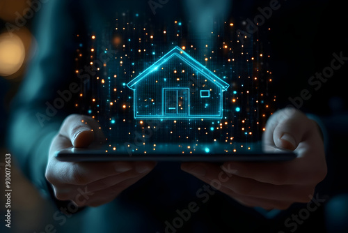 A person holding a tablet displaying a glowing digital house icon, representing technology, innovation, and smart home concepts.