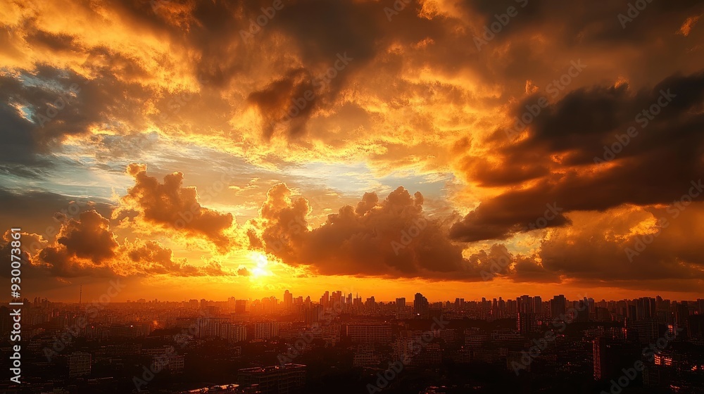 Fototapeta premium A view of clouds reflecting the golden light of the setting sun over a city skyline.