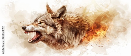  A wolf with an enormously opened mouth, expelling flames photo